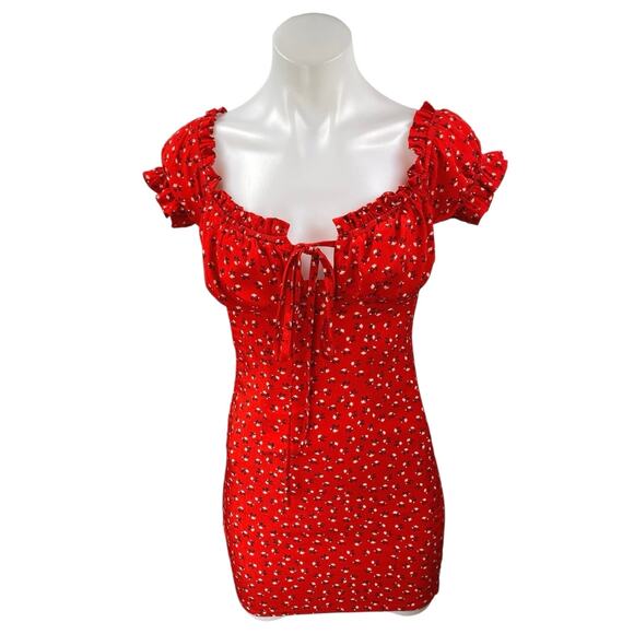 Polly Red Floral Short Puff Sleeve Tie Front Ruffle Mini Bodycon Dress Size 6 - Picture 1 of 5